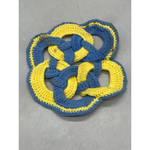 vintage crocheted amish style knot pot holder trivet blue yellow 8" READ - Picture 2 of 10